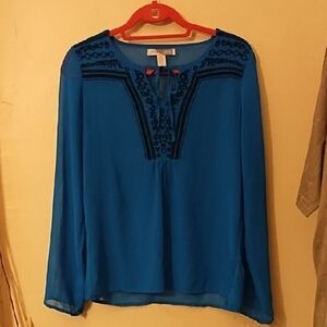 Forever 21 Women's Blue/Black Sheer Long Sleeve Embroidered Women's Top Size XS